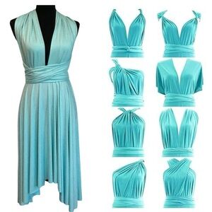 Light blue asymmetrical handkerchief hem open back halter infinity dress Sz M
